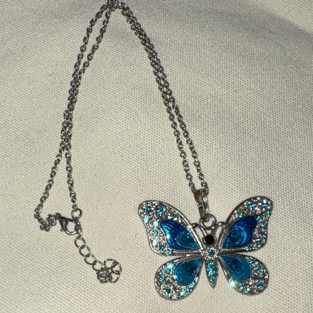 Silver Butterfly Pendant Necklace with Blue Crystals